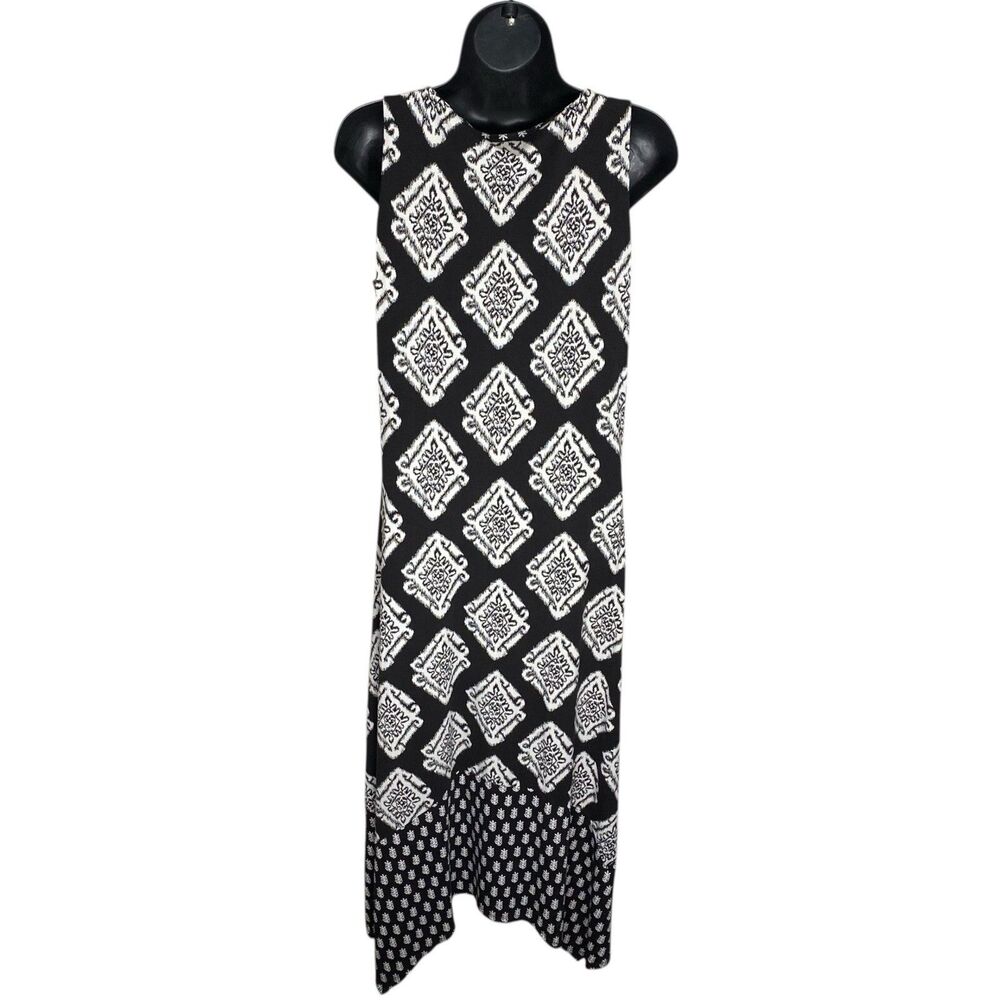 Tommy Bahama Midi Dress Womens Small Black Handkerchief Hem Tropical Sleeveless - Picture 2 of 13